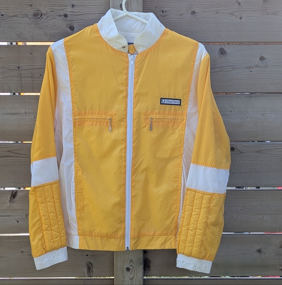 Vintage Fred Perry Yellow & White Nylon Jacket w/ Terry Lining
